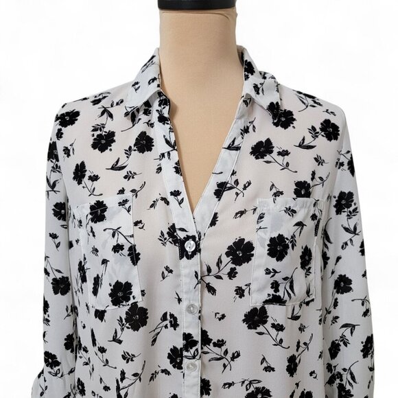 BCX Size L White with Black Floral Print Button Front Blouse, Exc. Used Cond. - Picture 4 of 15